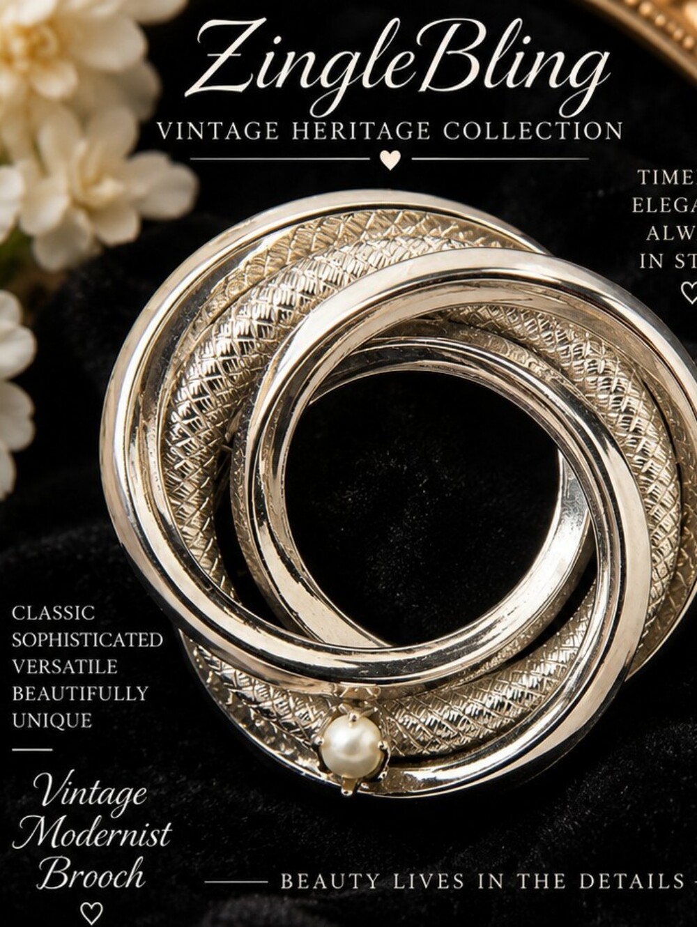 Vintage Modernist Silver Tone Interlocking Circle Pearl Statement Brooch